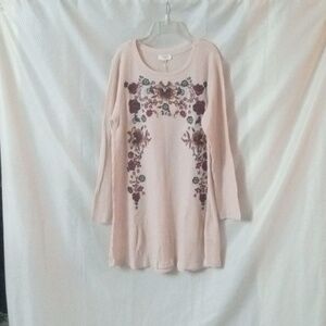 Umgee Long Sleeve Waffle Knit Floral Embroidered Dress  sz L Beige NWT